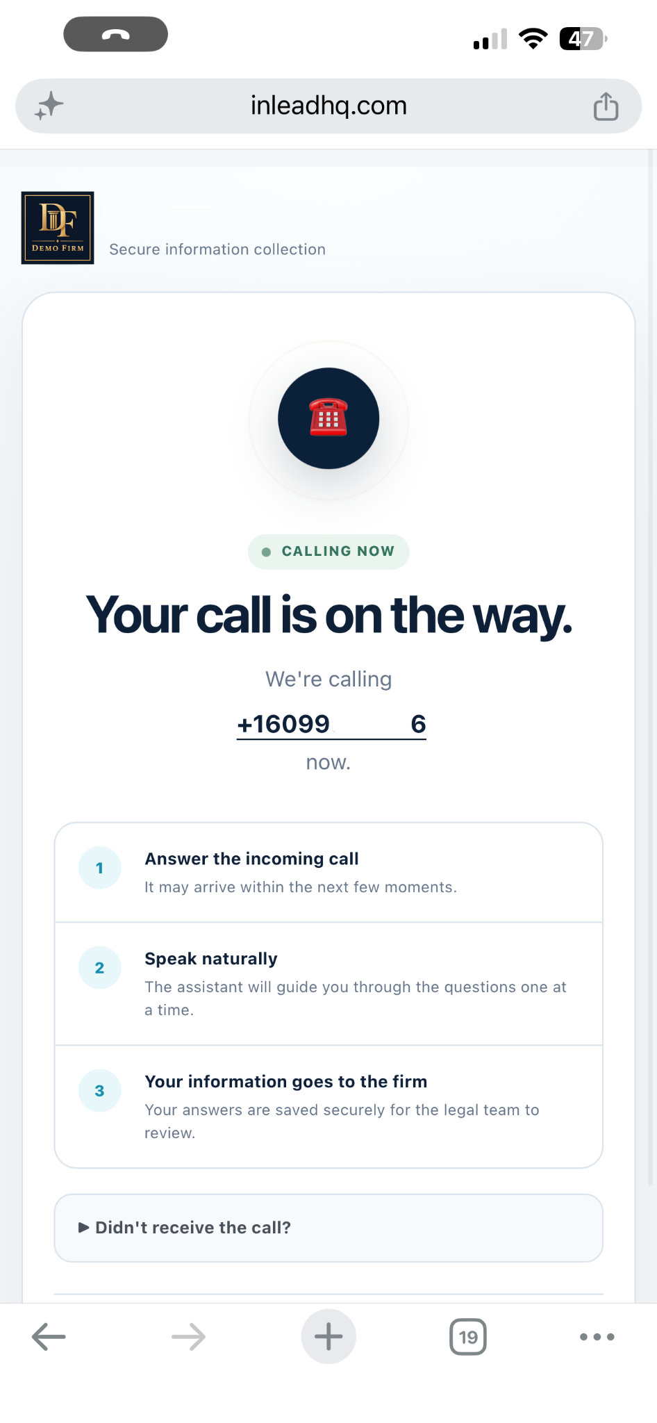 Immediate lead call confirmation on mobile
