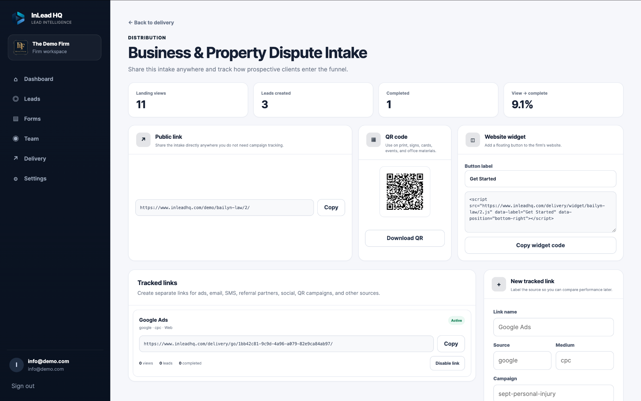 InLead HQ delivery and tracked-link dashboard