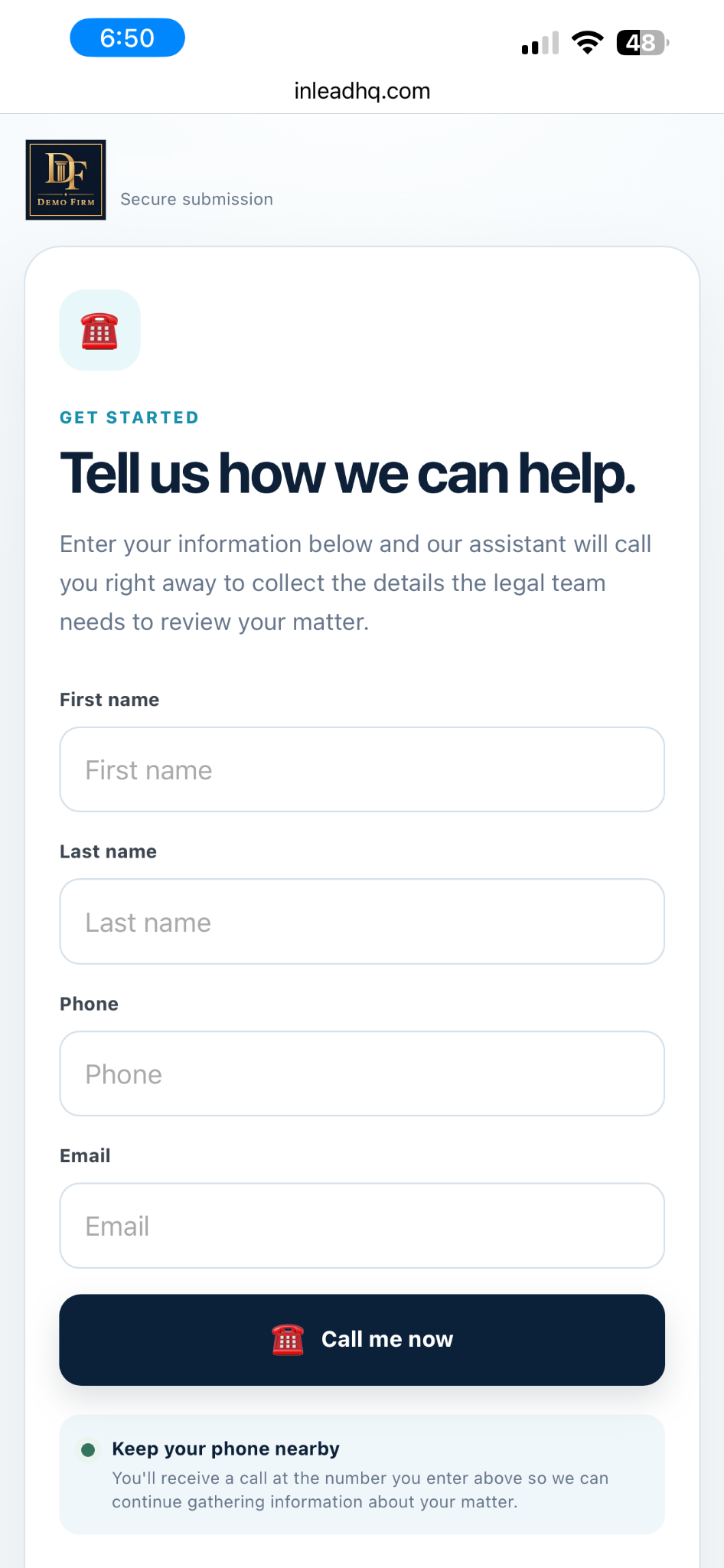 Firm-branded InLead HQ lead form on mobile